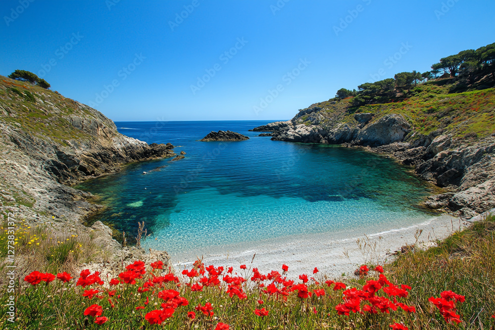 Fototapeta premium Photo of Isla de la pourtune in El Medelloir, Kingdoom evening with clear blue water and red flowers on the beach, landscape photo, beautiful view of small cove, bright sunny day.
