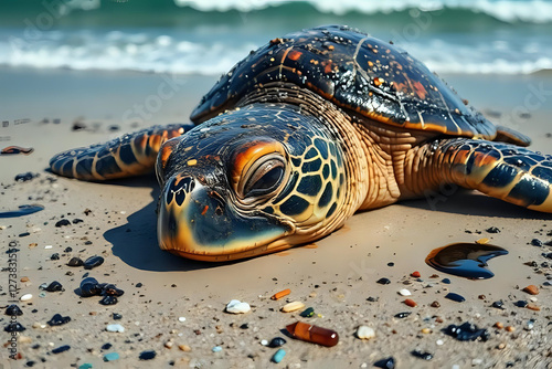 Turtles with miniature rubbish and oil slicks. Marine pollution. photo