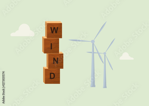 Wind Energy Concept With Wooden Blocks Illustration. wooden letter blocks spelling "WIND" beside wind turbines. Flat style. Wind energy. Vector illustration