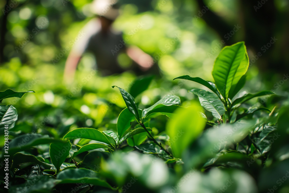 Obraz premium Photograph of a close-up view of tea leaves growing in the forest, with an out-of-focus person picking them from among other plants.