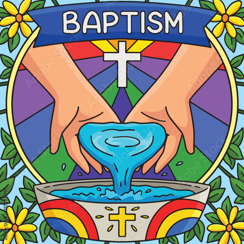 Baptism Hands Pouring Water Colored Cartoon 