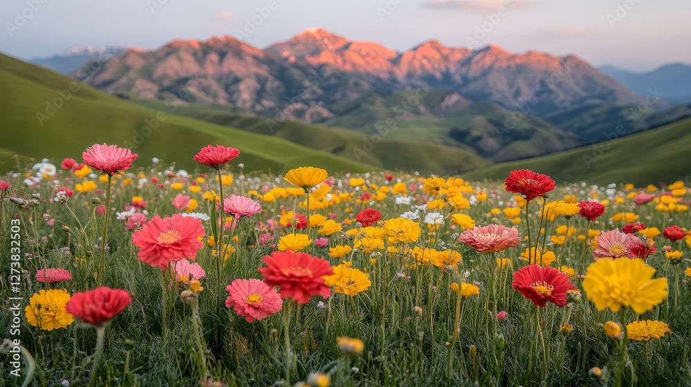 Vibrant flowers bloom in serene landscape with majestic mountains Vibrant flowers bloom in serene landscape with majestic mountains