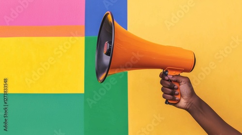 In this image, a hand clutches an orange megaphone set against a rainbow flag, signifying activism and pride
