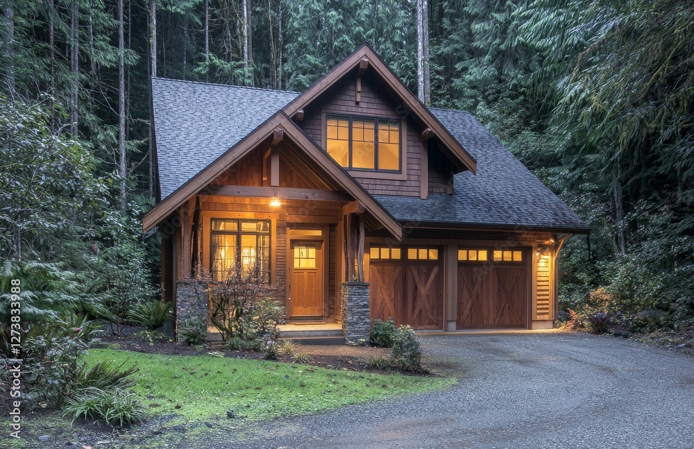 A dusk scene of a traditional Craftsman style home with outdoor lights turned on and light shining through the windows A dusk scene of a traditional Craftsman style home with outdoor lights turned on and light shining through the windows