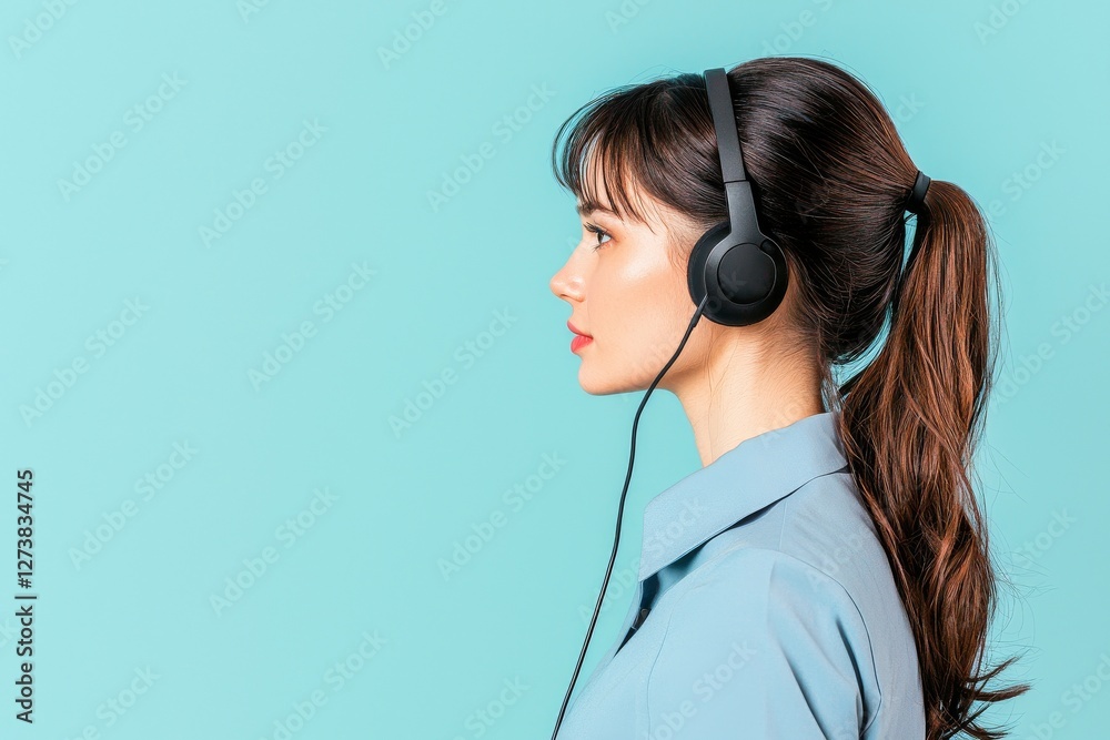 A technical support operator with a headset is pictured on a vibrant color background A technical support operator with a headset is pictured on a vibrant color background