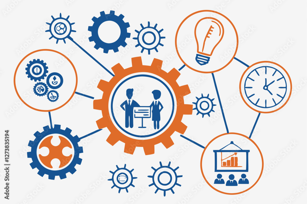 Business icons, teamwork symbols, corporate concepts, blue and orange color scheme, minimalist design, professional infographic elements, gears, people silhouettes, lightbulbs, puzzle pieces, prese Business icons, teamwork symbols, corporate concepts, blue and orange color scheme, minimalist design, professional infographic elements, gears, people silhouettes, lightbulbs, puzzle pieces, prese