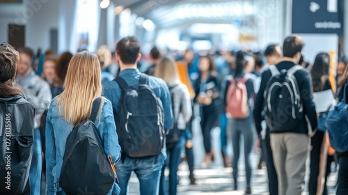 People walking through crowded urban walkway.