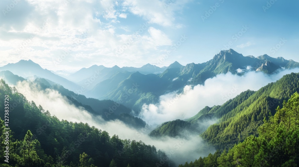 Fototapeta premium Misty Mountain Range Panorama at Dawn
