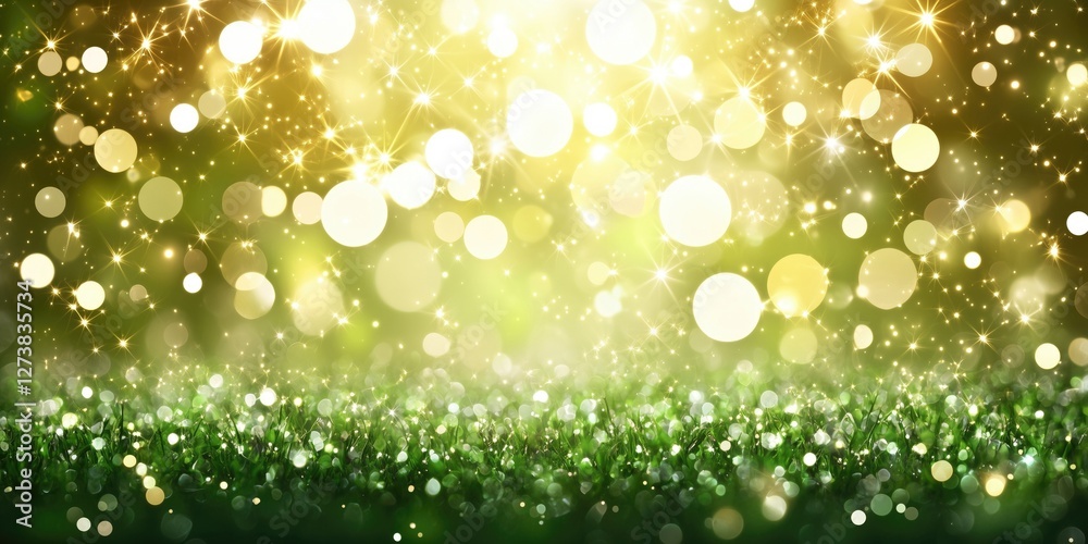 Obraz premium A vibrant abstract background featuring shimmering green lights and sparkling bokeh effects, creating a magical atmosphere.