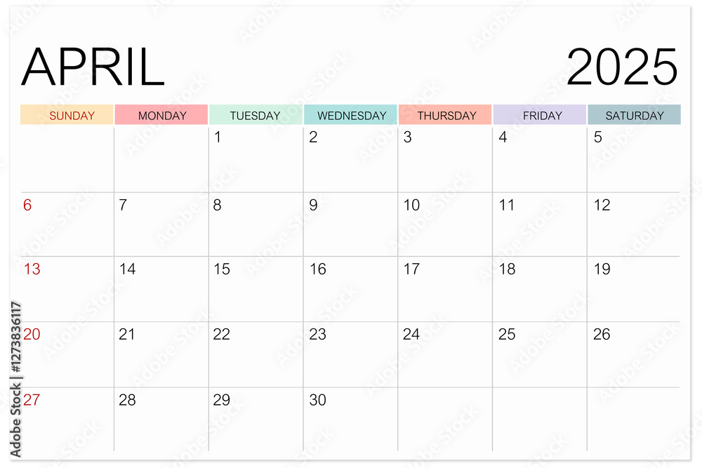 Calendar April 2025 page isolated on white background, Save clipping path. Calendar April 2025 page isolated on white background, Save clipping path.