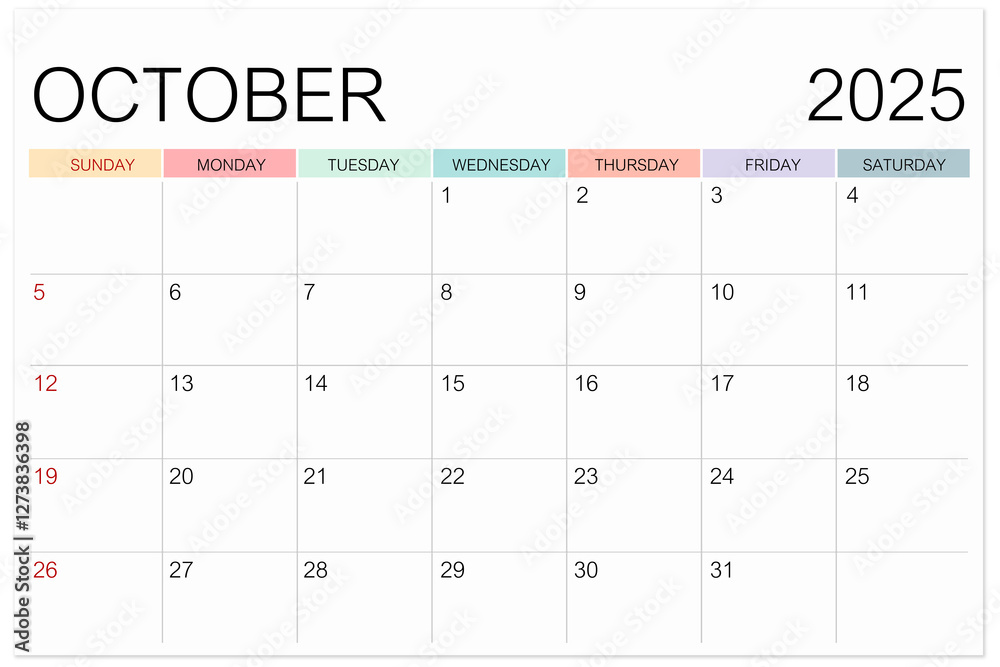 Calendar October 2025 page isolated on white background, Save clipping path. Calendar October 2025 page isolated on white background, Save clipping path.