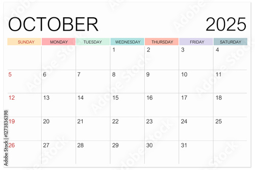 Wallpaper Mural Calendar October 2025 page isolated on white background, Save clipping path. Torontodigital.ca