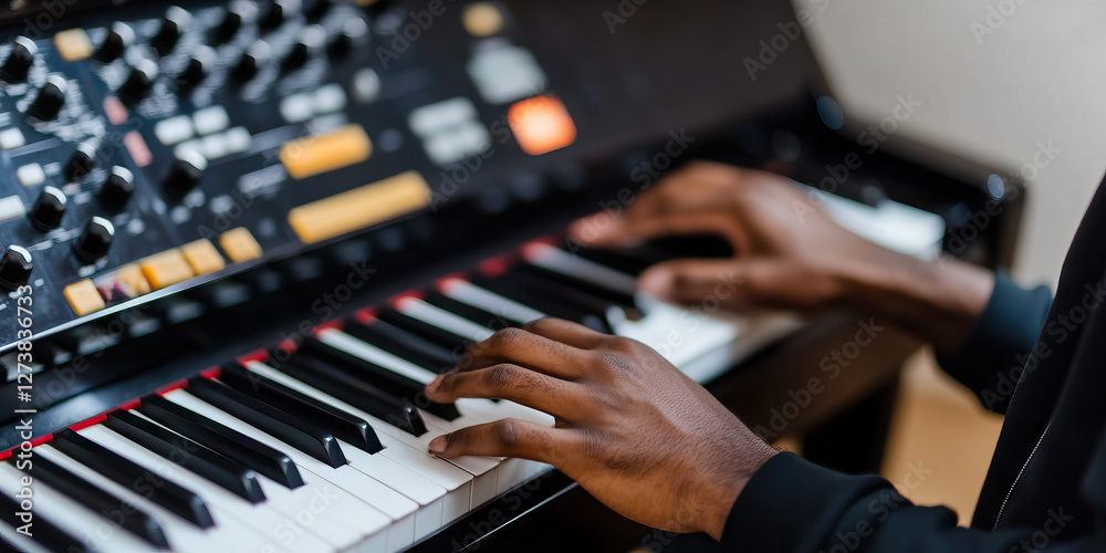 Obraz premium Person Playing Keyboard with Synthesizer Module