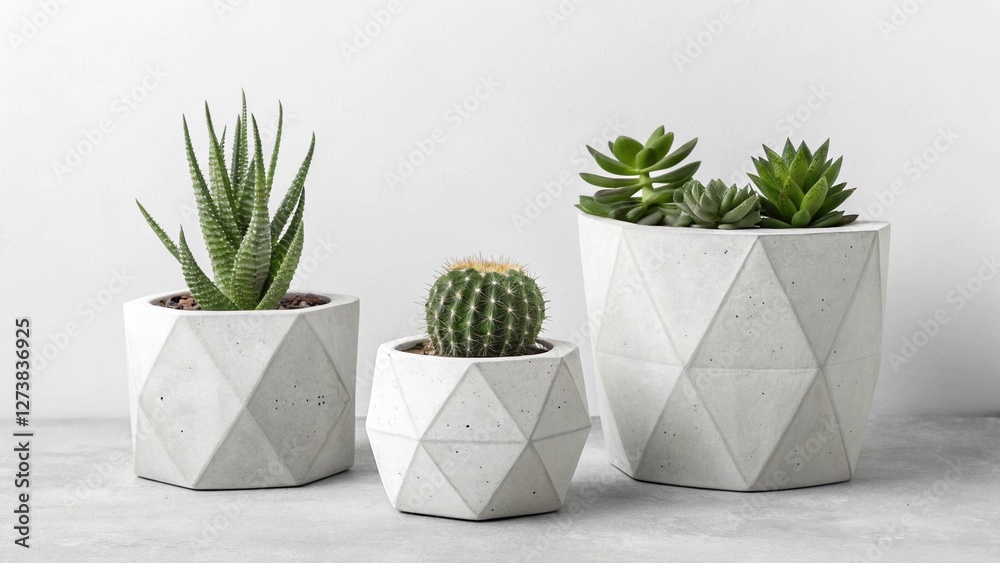 Obraz premium DIY Cement Flower Pots. Three geometric planters with succulents and cacti on a light background.