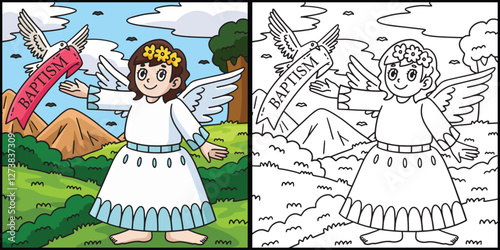 Baptism Angel and Dove Coloring Page Illustration 