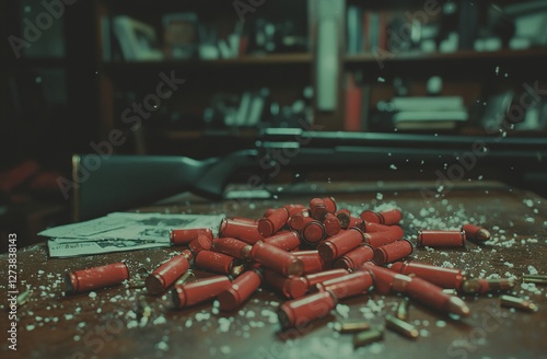 Shotgun shells of 12 gauge beside a shotgun on a wooden surface
