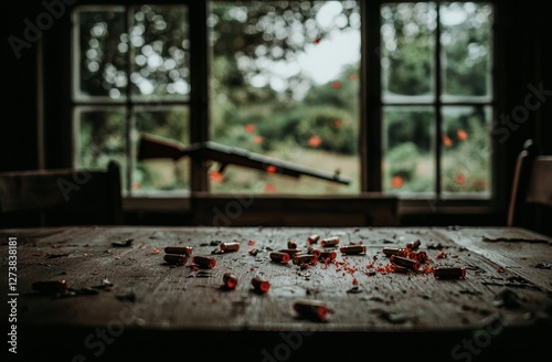 A wood surface holds a shotgun and accompanying 12 gauge shotgun shells