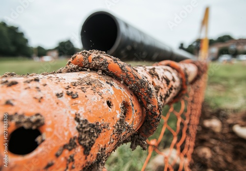 The yard beside the road features conduits and an industrial mesh barrier photo
