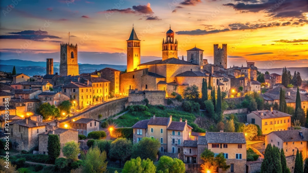 Panoramic view of medieval town with towers at dusk, medieval, twilight, medieval, twilight Panoramic view of medieval town with towers at dusk, medieval, twilight, medieval, twilight