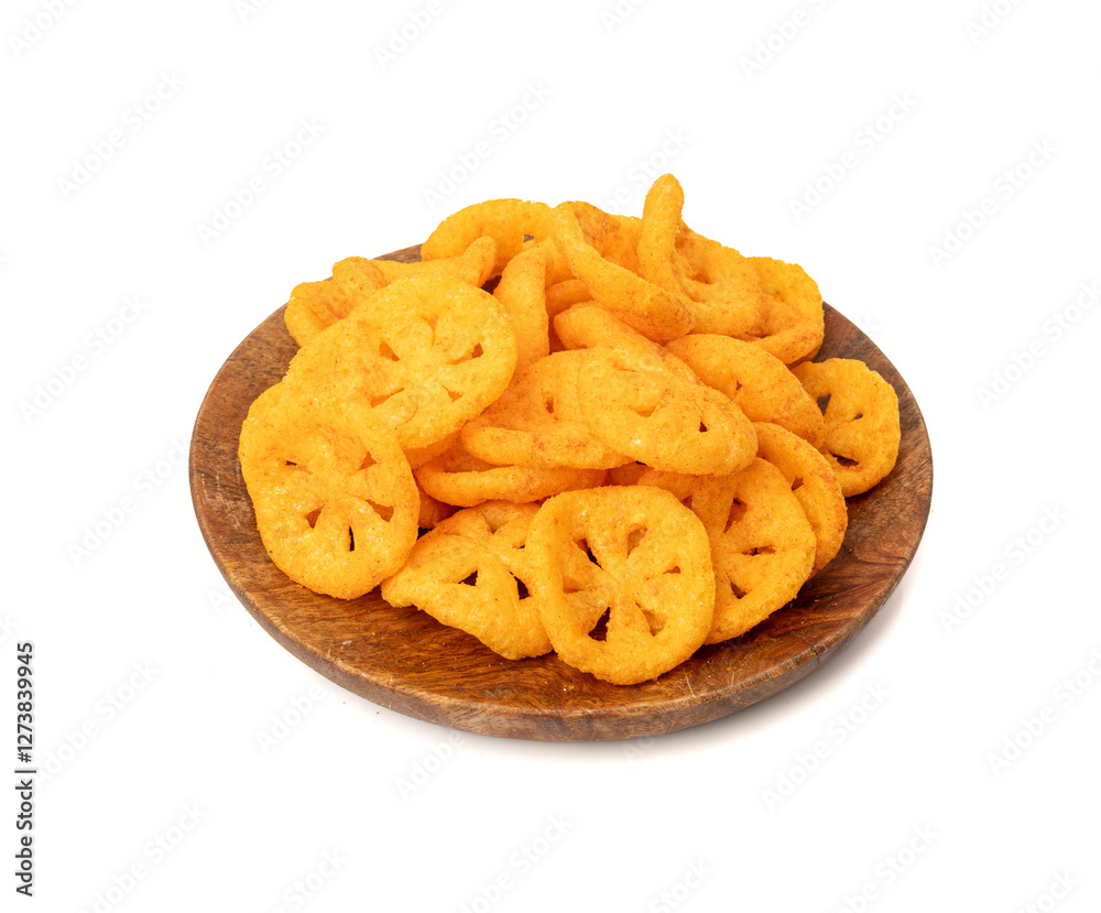 Corn puff snack isolated, crunchy cereal nosh, crispy yellow rice breakfast with paprika Corn puff snack isolated, crunchy cereal nosh, crispy yellow rice breakfast with paprika