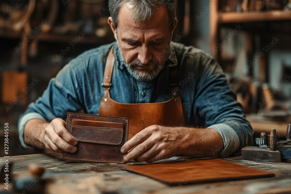 Shoemaker working leather in workshop creating wallet Shoemaker working leather in workshop creating wallet
