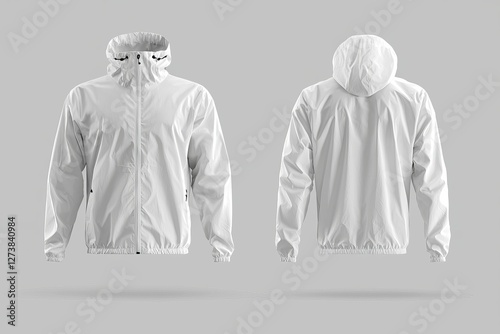 A blank white windbreaker jacket is displayed in a mockup, showcasing front and back sides