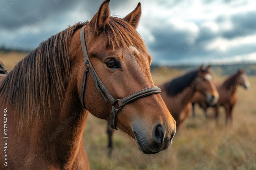 Majestic brown horse grazing in open field Majestic brown horse grazing in open field