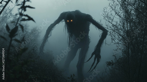 A dark, eerie creature with glowing eyes and long, twisted limbs emerges from a foggy forest, symbolizing terror, the supernatural, and the unknown.