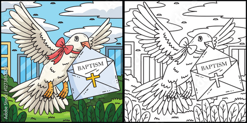 Baptism Dove Carrying Letter Coloring Illustration