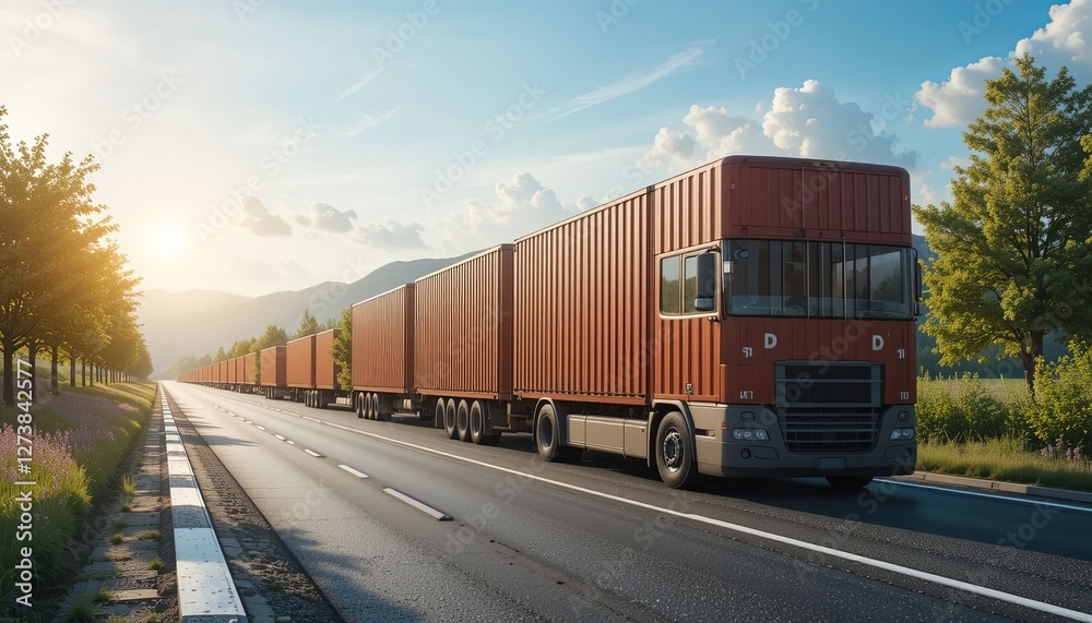 Obraz premium Transport trucks on highway scenic landscape gigapixel cgi daylight view