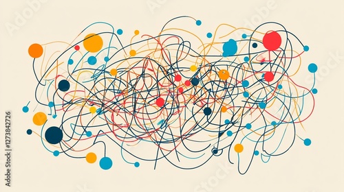 Abstract colorful tangled lines and dots on beige background.