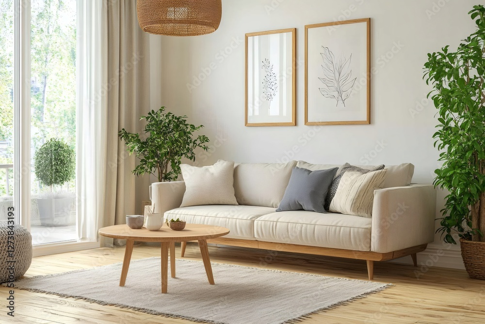 Obraz premium Modern living room interior with sofa, plants, and natural light illuminating cozy scandinavian design
