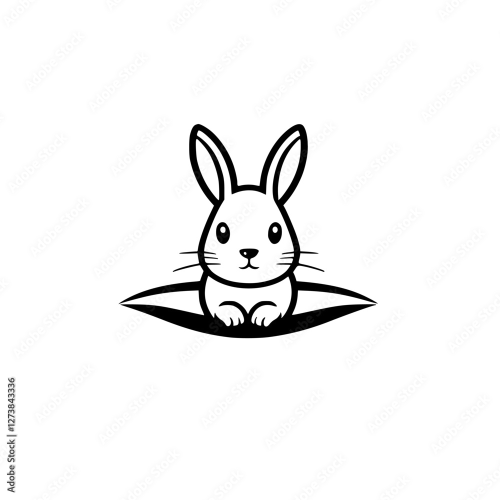 Fototapeta premium Cute Rabbit. Cartoon Style of a bunny sitting on a leaf-like shape, in a minimalist monochrome style.