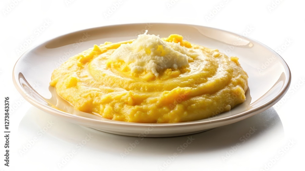 Creamy polenta with melted cheese, scattered on a plate against a plain white background Creamy polenta with melted cheese, scattered on a plate against a plain white background