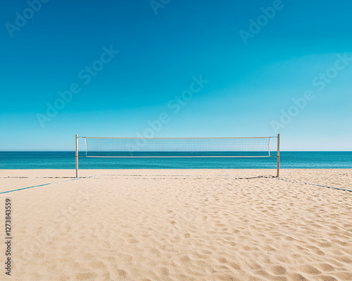 Empty beach volleyball court with a net set up on sandy shore, with the calm sea and clear blue sky in the background, representing a relaxed, fun, and active beach lifestyle.