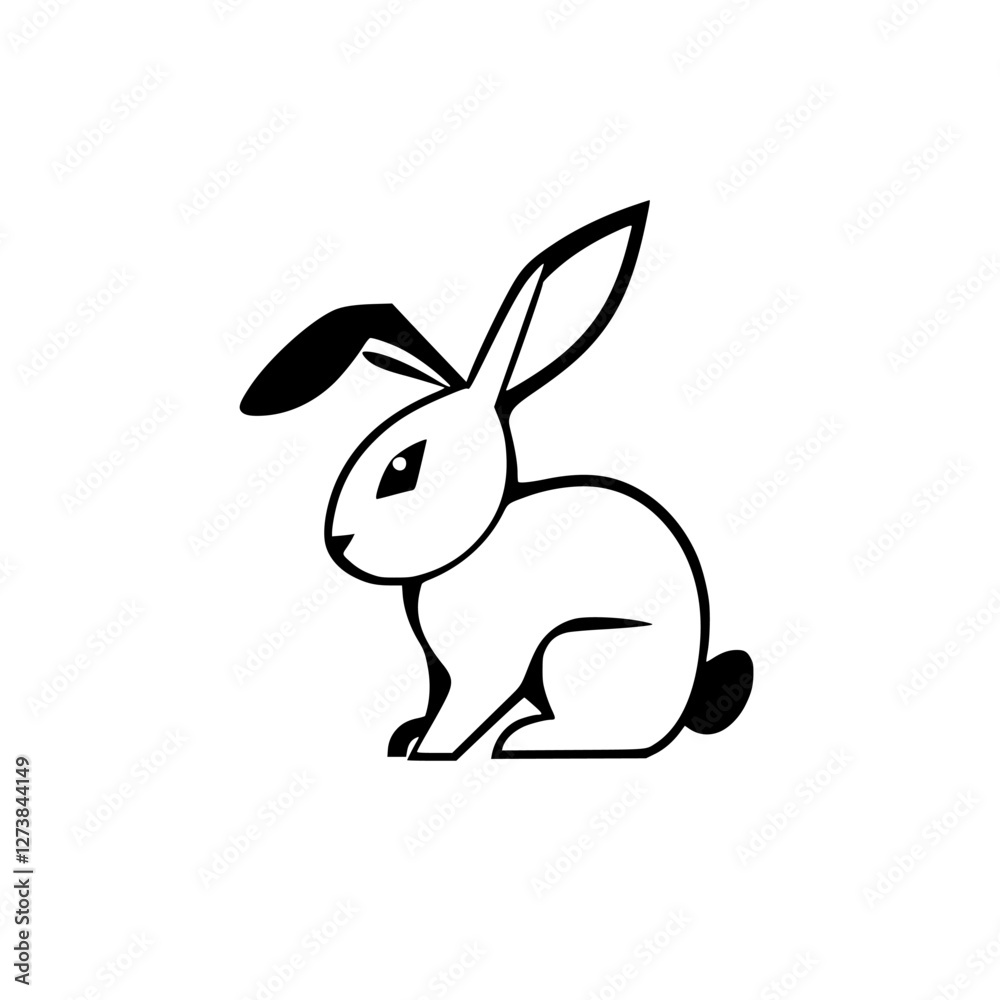 Obraz premium Minimalist rabbit illustration of a sitting rabbit with long ears, white background and clean lines.