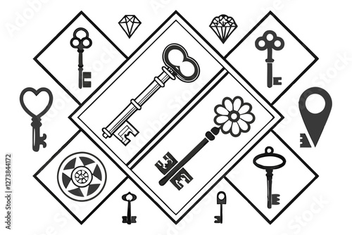  Black and white illustration, key icons, vintage keys, modern keys, skeleton keys, key bunches, simple line drawings, silhouettes, security symbols, access metaphors, locksmith designs, minimalist 