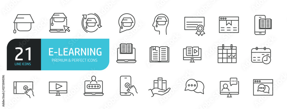 Set of line icons related to e-learning, education, online school, course. Outline icons collection. Vector illustration. Set of line icons related to e-learning, education, online school, course. Outline icons collection. Vector illustration.
