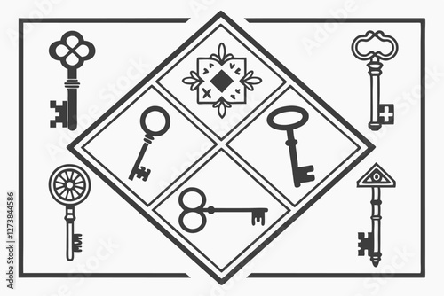  Black and white illustration, key icons, vintage keys, modern keys, skeleton keys, key bunches, simple line drawings, silhouettes, security symbols, access metaphors, locksmith designs, minimalist 