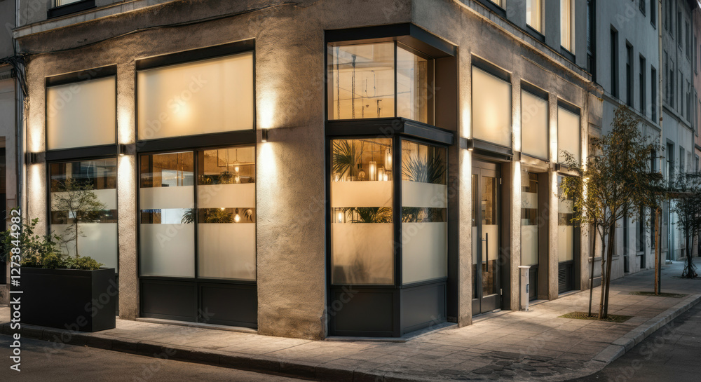 Charming urban restaurant with large windows and warm lighting invites diners in a trendy neighborhood Charming urban restaurant with large windows and warm lighting invites diners in a trendy neighborhood