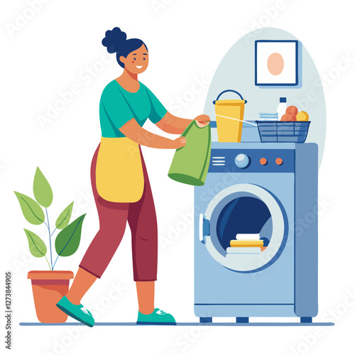 A woman in casual attire uses a washing machine, loading clothes while surrounded by a basket of laundry, a plant, and a bright indoor space filled with sunlight