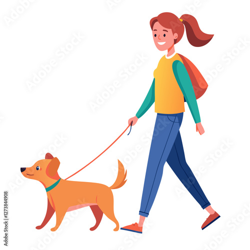 A woman happily walks her adorable dog on a leash during a pleasant afternoon. They are strolling through a park, surrounded by fresh air and nature