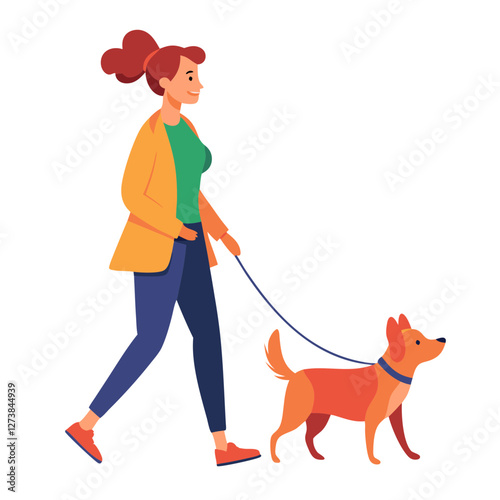 A woman walks her adorable dog on a leash, enjoying a pleasant day in the park. She is dressed casually and smiling while engaging with her pet companion