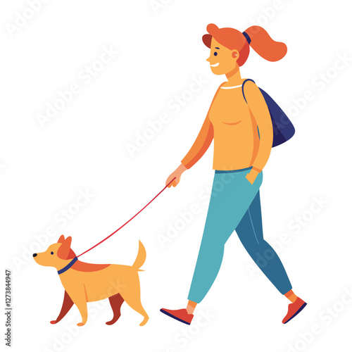 A pet owner walks joyfully with her cute dog on a leash during a sunny day. They appear relaxed and content while enjoying their time outdoors