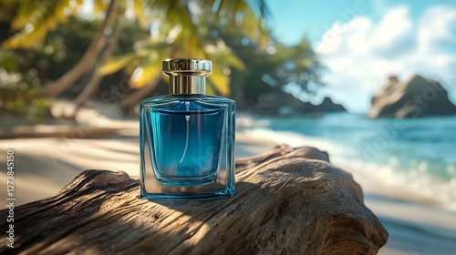 Serene Beach Setting Featuring a Sapphire Blue Perfume Bottle Amidst Lush Palm Trees and Gentle Waves
