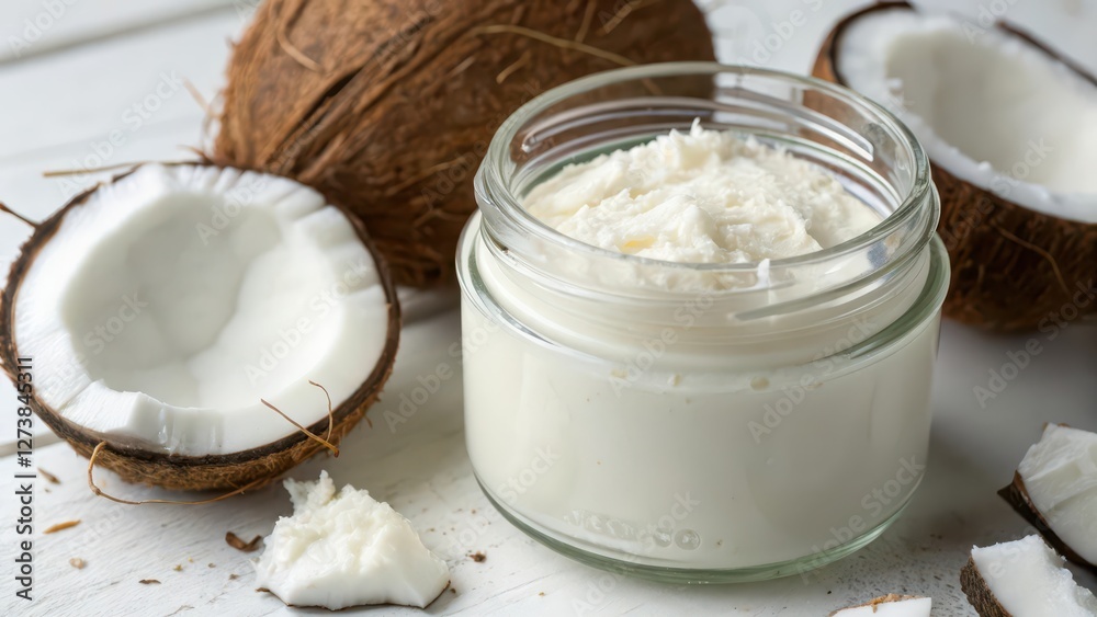 Coconut Oil in Glass Jar with Halved Coconuts Coconut Oil in Glass Jar with Halved Coconuts