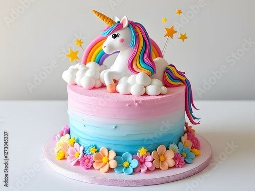 Pastel unicorn cake with rainbow mane, stars, and fondant flowers, magical design for a girl's birthday celebration
