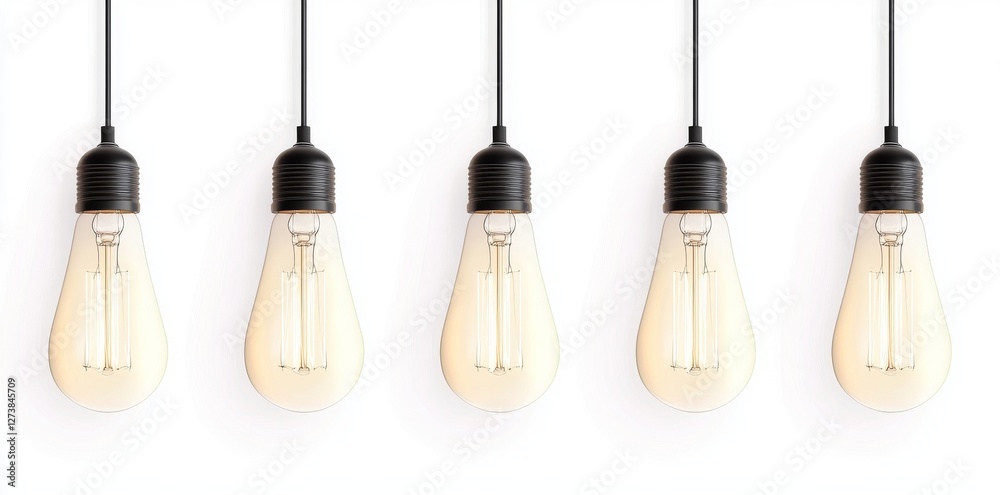 Retro-style Edison light bulbs with illuminated filaments hang in a line on a neutral isolated background Retro-style Edison light bulbs with illuminated filaments hang in a line on a neutral isolated background