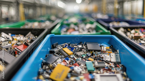 Electronic waste bins filled with various components