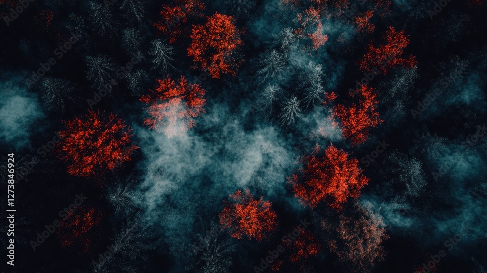 Fototapeta premium Aerial View Of Red And White Trees In Foggy Forest